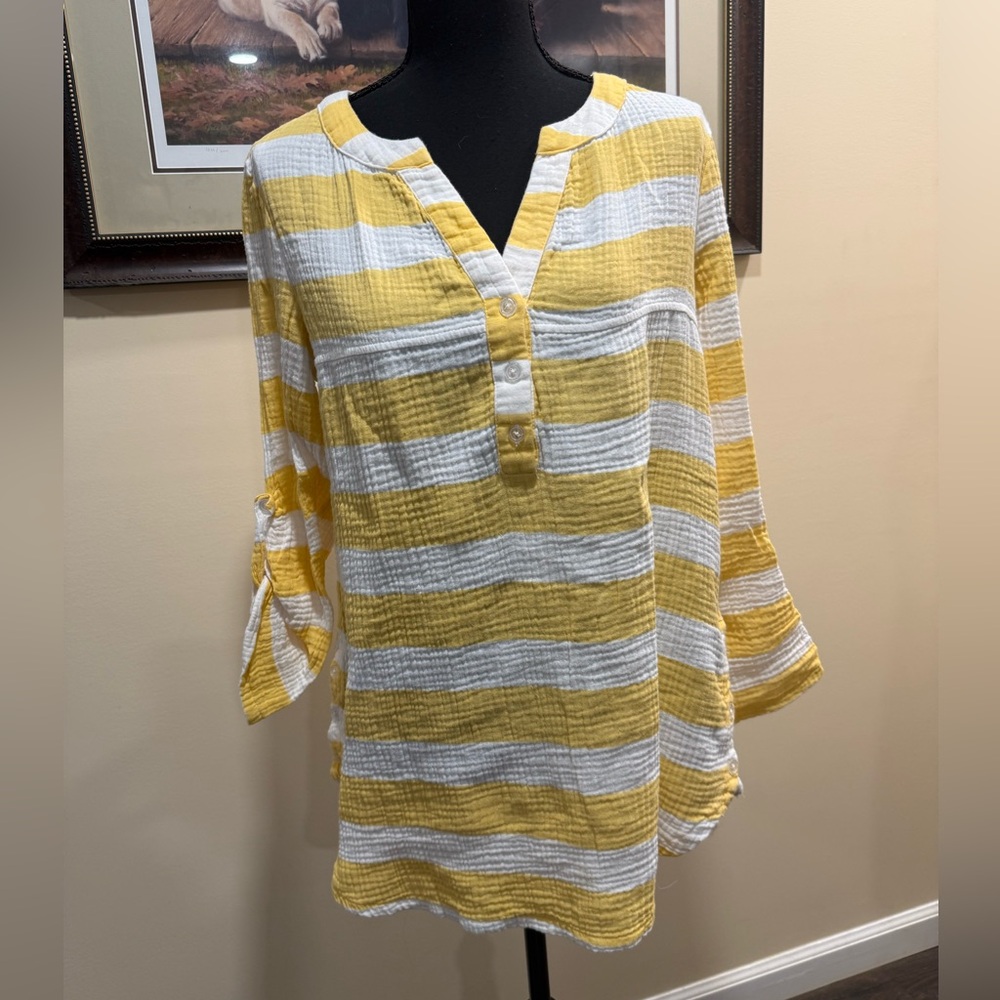 Kaktus Yellow & White Striped Roll Tab Sleeve Top
